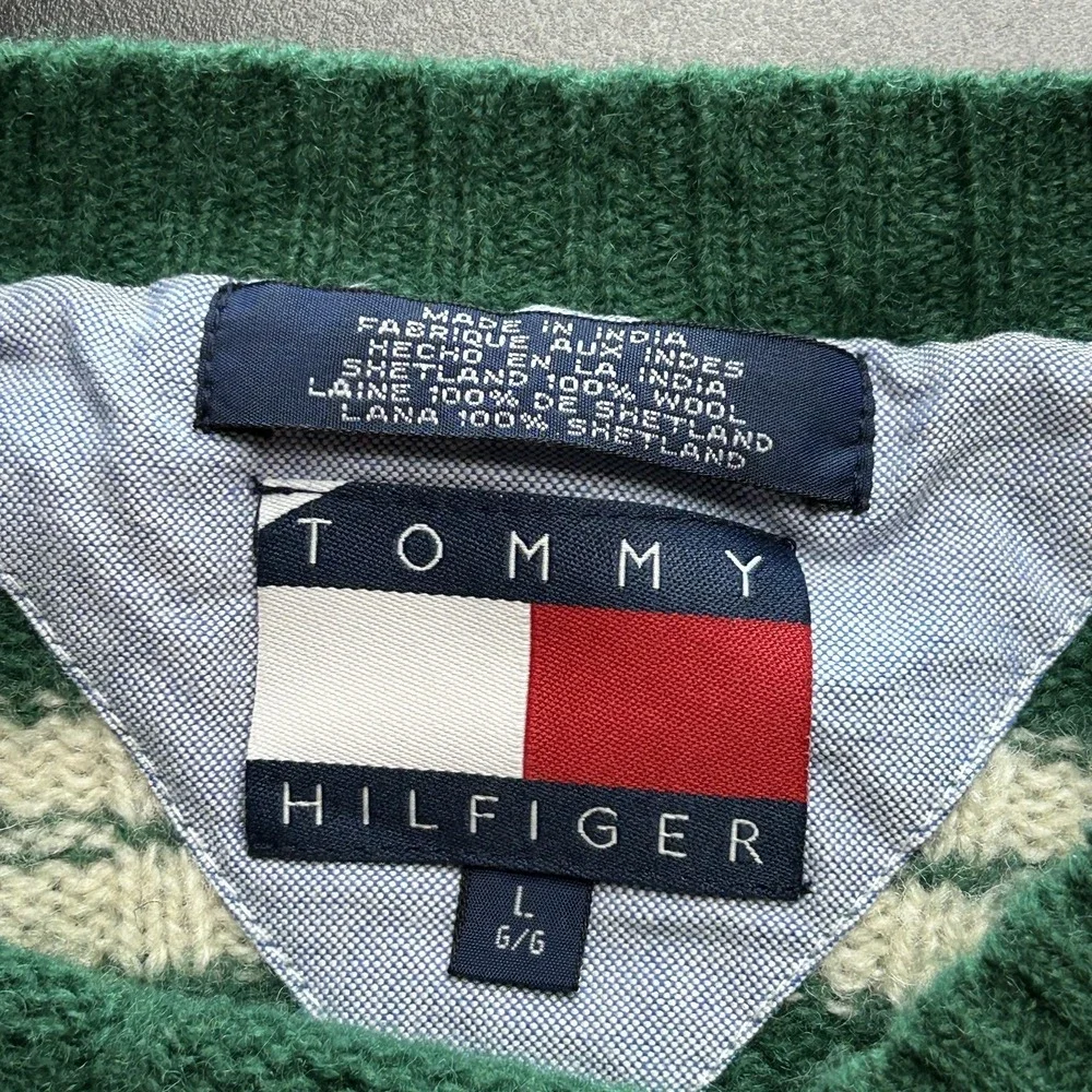 Tommy Hilfiger Sweater Mens‎ Large Green Striped Wool Crewneck Pullover Knit